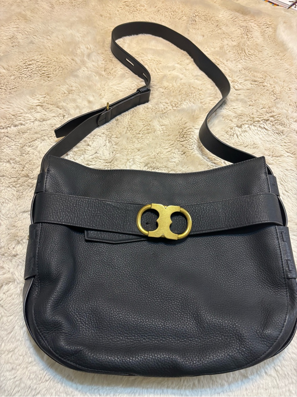 Tory Burch Gemini Link Large Black Leather Crossbody Hobo Shoulder Bag